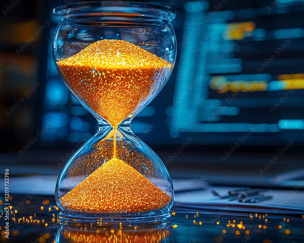 Aufkleber Hourglass with glowing sand in front of computer screen displaying code.