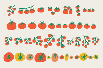 Set Tomato Top View. Cherry Tomatoes Vegetable Collection. Pomodoro Isolated. Vector Hand Drawn Illustration