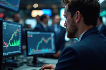 A close-up of a trader analyzing stock charts on a computer. The background features a busy trading floor with people discussing strategies