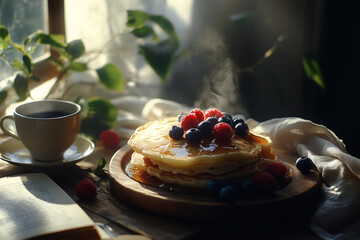 Fluffy pancakes drizzled with golden syrup, topped with fresh berries, accompanied by a steaming cup of coffee, a linen napkin, and a half-open book on a wooden tray, bathed in soft morning light.
