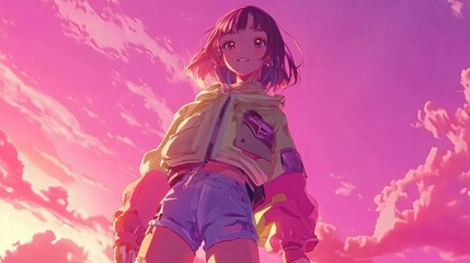 Obraz premium anime character in bright outfit standing against pink sky, cheerful and vibrant, dynamic and colorful