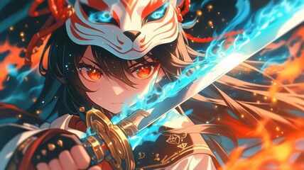 Anime Girl with Kitsune Mask Flaming Sword Fantasy Art Illustration