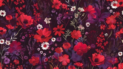 A seamless pattern of red and white flowers on a dark background.