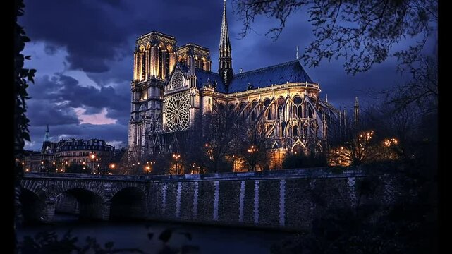 Night view of the Notre Dame Cathedral in the city with Gothic architecture and towering spires