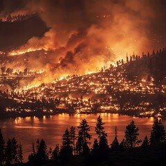Night wildfire engulfing lakeside town; emergency response
