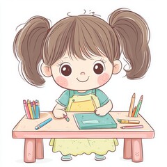 Child with Pigtails Drawing at a Table with Pencils and a Notebook in a Cartoon Style