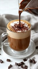 A frothy mocha cappuccino being poured into a glass mug, with chocolate powder dusted on top