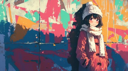 Anime Girl in Winter Coat by Colorful Graffiti Wall Urban Scene