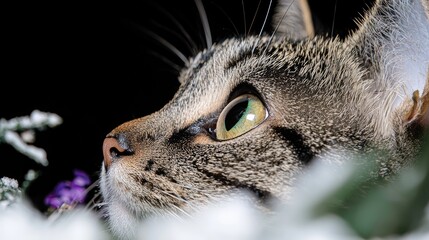 Curious cat peering from snow, winter scene. Pet portrait for cards
