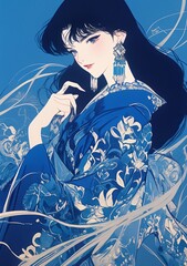 Fototapeta premium Elegant Lady in Blue Dress With Elaborate Jewelry and Flowing Fabric Artistic Render