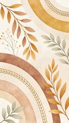 Earthy Hues: Watercolor leaves dance on a beige rainbow backdrop. Serene autumnal vibes.