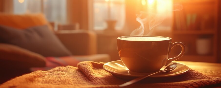 A photorealistic image of a steaming cup of coffee, its aroma and warmth inviting a moment of relaxation.