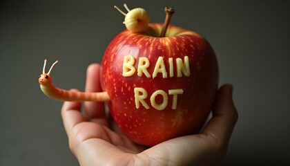 An apple with 'brain rot' carved into it, featuring snails, symbolizes decay and mental stagnation.