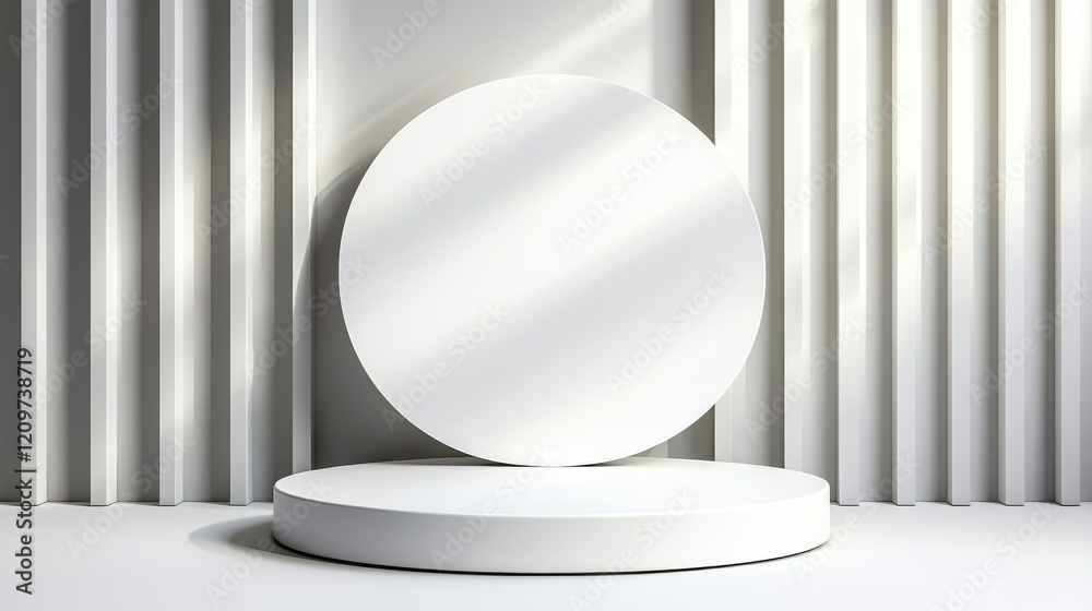 Poster A modern design presentation setup featuring a white round podium with soft shadows and a gradient background