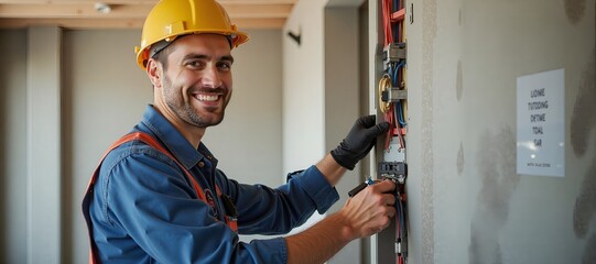 Smiling technician sets up electrical installations on commercial site. Exposed cable ducts and wires showcase ongoing work