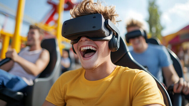 Exciting virtual reality experience for thrill seekers amusement park ai generated fun outdoor joyful viewpoint