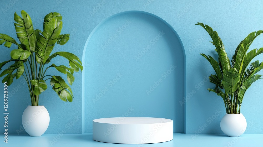 Poster a modern design setup with a minimalist white round podium surrounded by a pale blue background
