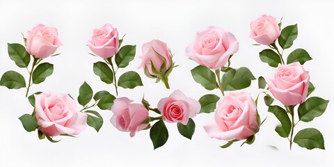 Pink Roses in Different Shapes and Sizes, Flat Lay on White Background