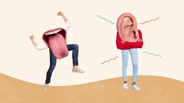 3d sketch motion collage video of two anonym people instead head mouth mock show tongue bullying ear listen gossip chat