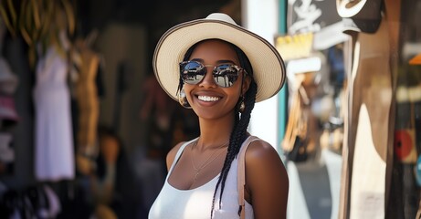 Fototapeta premium Une jeune femme, afro-américaine, souriante dans la rue, portant des lunettes de soleil et un chapeau, faisant du shopping dans un magasin de mode par une journée ensoleillée.