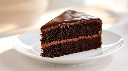 Slice of chocolate cake with glossy glaze sitting on a plate for National Chocolate Cake Day background photo and any celebrations