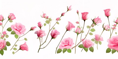 Pink Roses in Different Shapes and Sizes, Flat Lay on White Background