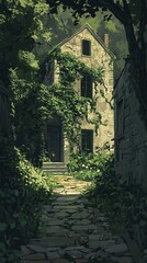 Obraz premium Overgrown Stone House Path Leads To Entrance