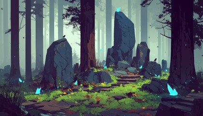 Enchanting Forest Path With Glowing Crystals And Birds