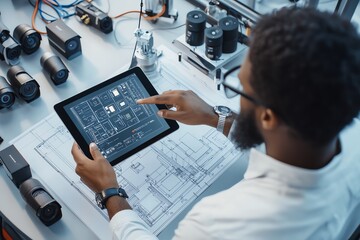 Engineer analyzes digital project plan on tablet, surrounded by technical equipment, showcasing modern technology and innovation.