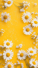 Obraz premium Chamomiles on yellow background, vertical illustration