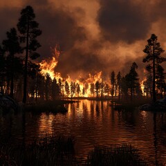 Obraz premium Fiery Forest Fire Reflecting on Still Lake