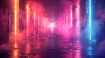 Obraz premium Futuristic Cityscape at Night. Neon lights creating a cyberpunk ambiance with a panoramic composition capturing urban nightlife in a vibrant atmosphere.