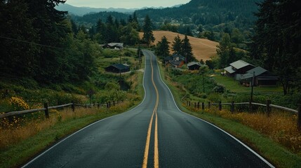 Winding road through rural valley, farmhouses, hills, misty mountains. Use Travel brochure