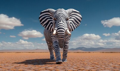 Elephant with zebra skin walking through a vast savannah under a clear blue sky