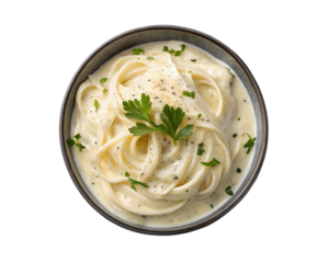 Creamy alfredo sauce isolated on a white transparent background, perfect for food photography, pasta recipes, and Italian cuisine. Showcasing its rich, smooth texture for gourmet meal presentations