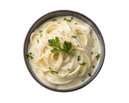 Creamy alfredo sauce isolated on a white transparent background, perfect for food photography, pasta recipes, and Italian cuisine. Showcasing its rich, smooth texture for gourmet meal presentations