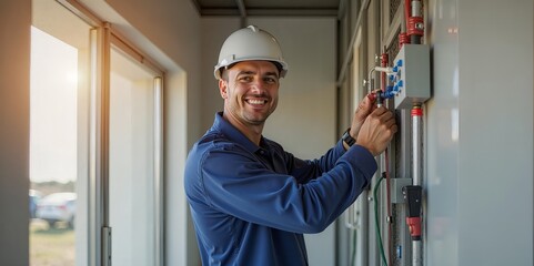 Smiling technician sets up electrical installations on commercial site. Exposed cable ducts and wires showcase ongoing work