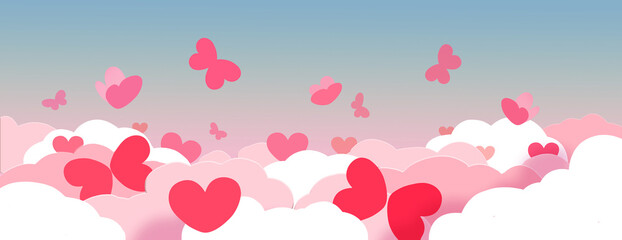 Love background with loving hearts uniting and flying like butterflies in the sky for valentines and love story.