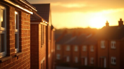 Fototapeta premium Golden Hour Sunset Over Brick Row Houses New Residential Development