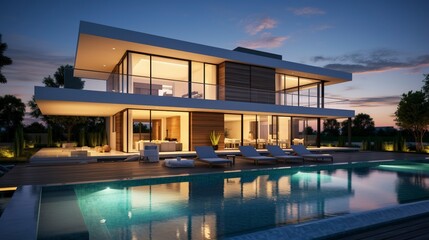 Obraz premium Luxurious modern house with large windows, outdoor pool, and illuminated interior at twilight.
