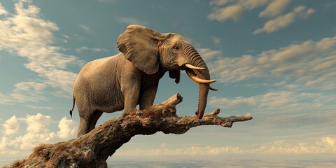 Lonely elephant balances on a tree branch under a blue sky with clouds