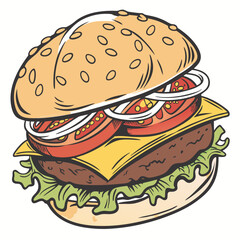 Colorful Cartoon Illustration of a Delicious Cheeseburger