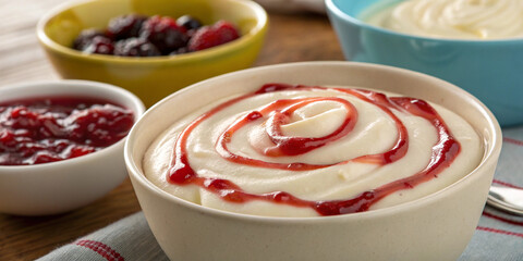 Close-Up of Tasty Yoghurt with Jam as Background