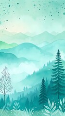 Fototapeta premium Serene teal watercolor landscape: Misty mountains, lush forest, tranquil atmosphere. Perfect for nature lovers!