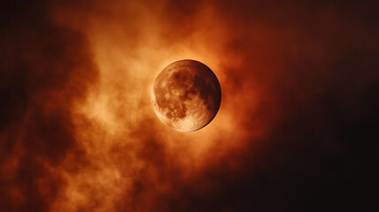 煙に染まる赤い月が映す自然災害の脅威と儚さ