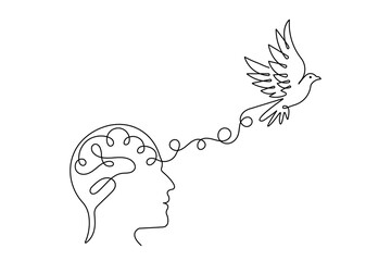 Human brain continuous one line art drawing with isolated simple vector icon