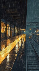 Fototapeta premium Rainy Night Train Station Platform Scene