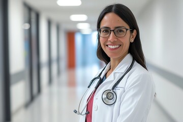 Confident female doctor wearing glasses and stethoscope smiles warmly in a hospital corridor