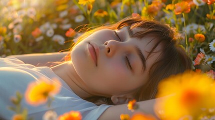 Woman Lying Amongst Blooming Flowers with Eyes Closed Peace Serene Calm Relaxation Sunlight
