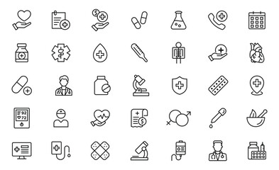 Medical and healthcare line icon set. Human organs, pills, treatment, first aid, medical instruments. Minimal thin line web icon set. Outline icons collection.
